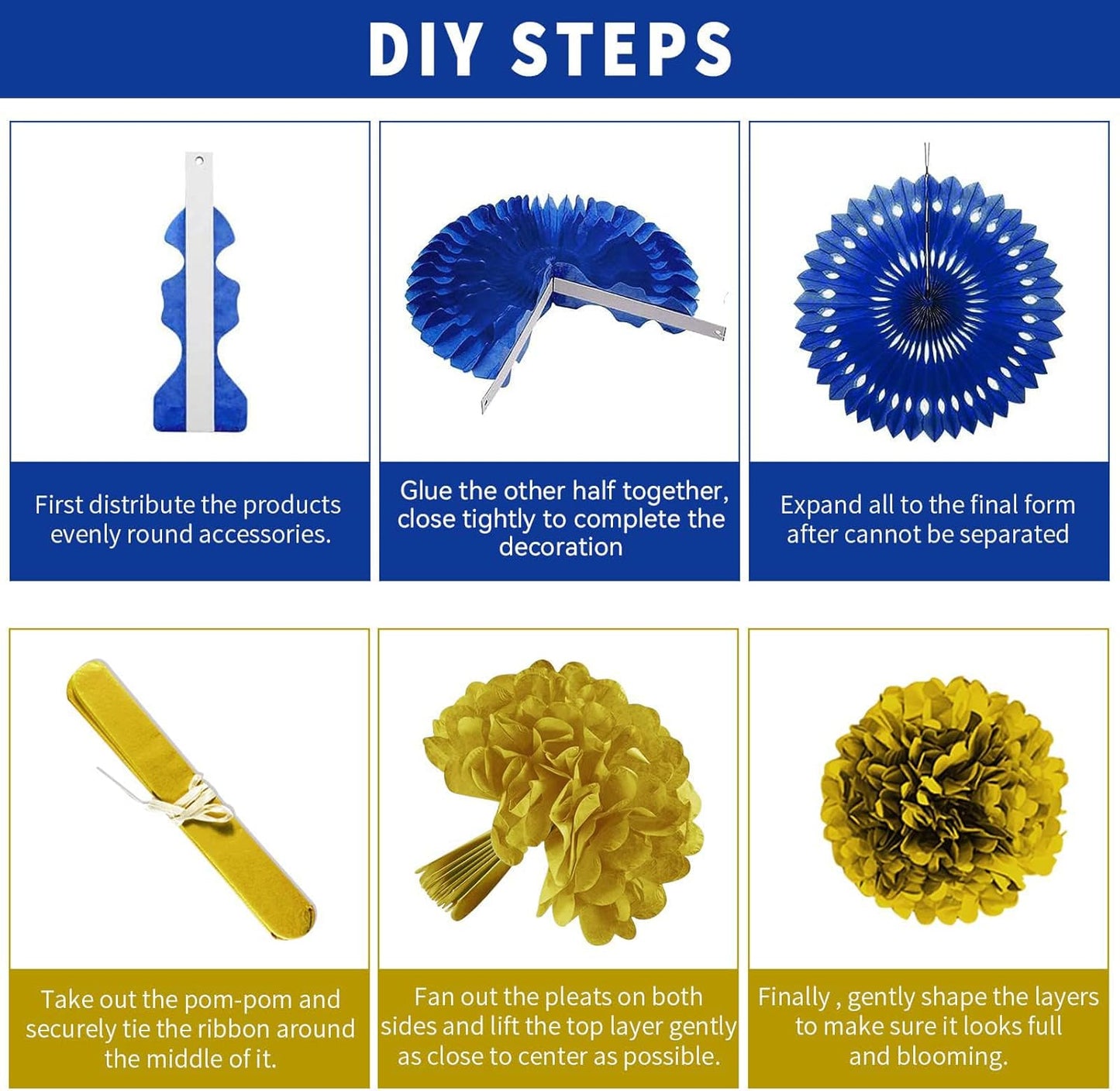 Navy Blue and Gold Happy Birthday Party Decoration 24Pcs Hanging Paper Fans, Pom Poms Flowers Garland String Polka Dot Triangle Bunting Flag Pack Happy Birthday Banner for Boy Birthday Baby Shower