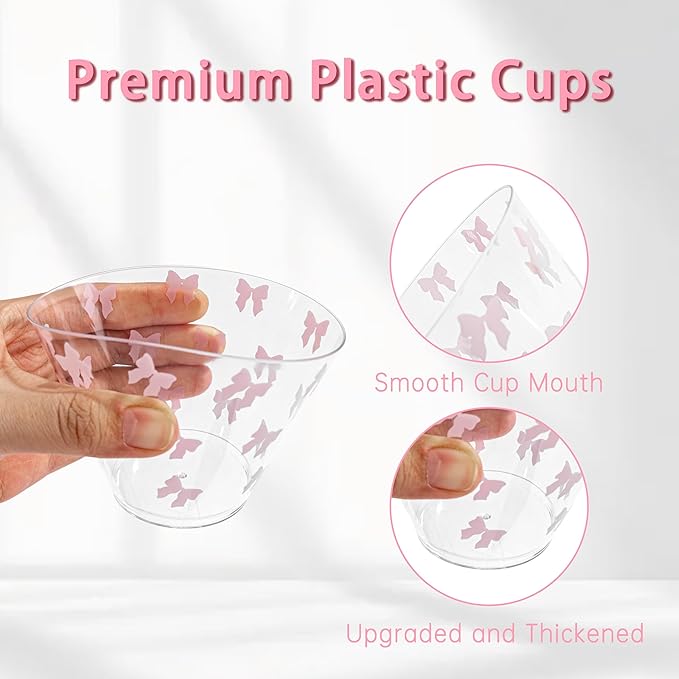 I00000 100 Pcs 9 oz Clear Plastic Cups with Pink Bow, Clear Disposable Cups Wine Glasses Cocktail Glasses Premium Cup Perfect for Wedding, Birthday & Party