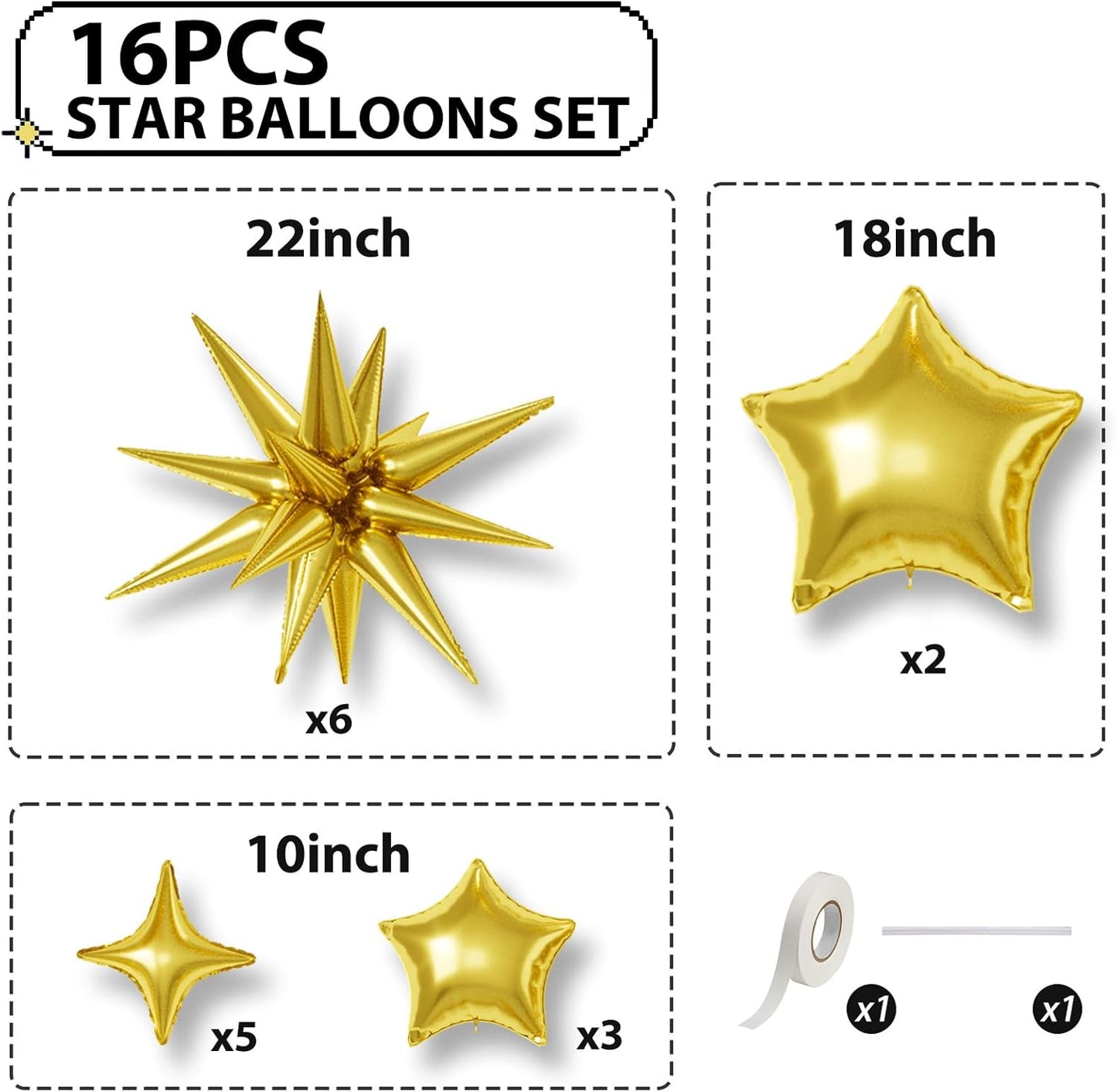 16 Pcs Gold Star Balloons, 22/18/10 Inch Foil Balloons, Four-Pointed Balloon for Kids Birthday Graduation Celebration Wedding Baby Shower 16 Pcs Decorations