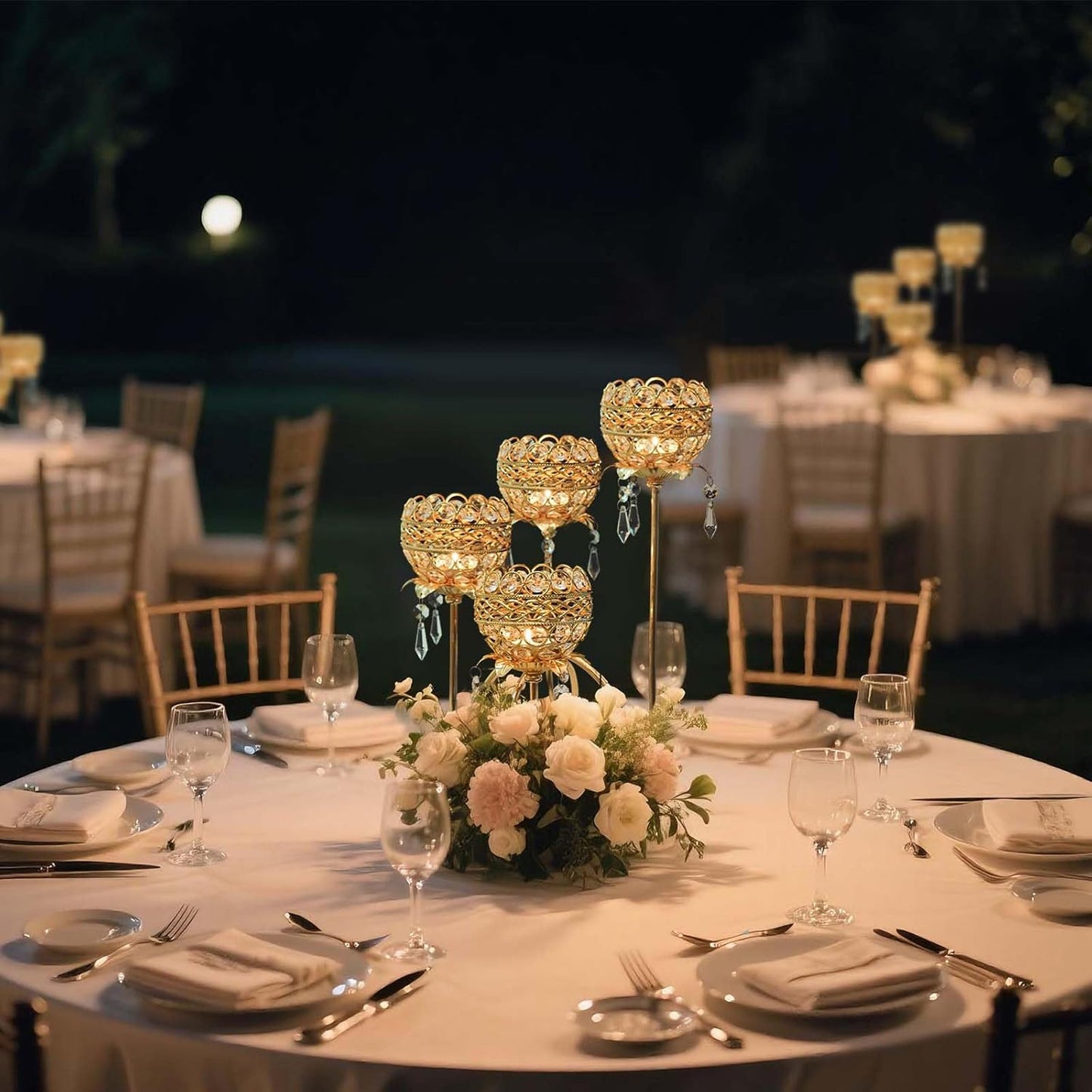 4 Arms Crystal Candelabra Tealight Holder - Tall 15.7 Inch Elegant Centerpiece with Crystal Pendant Bowls & Artistic Metal Stand for Wedding, Dining Table, Home Decor (1, Gold)