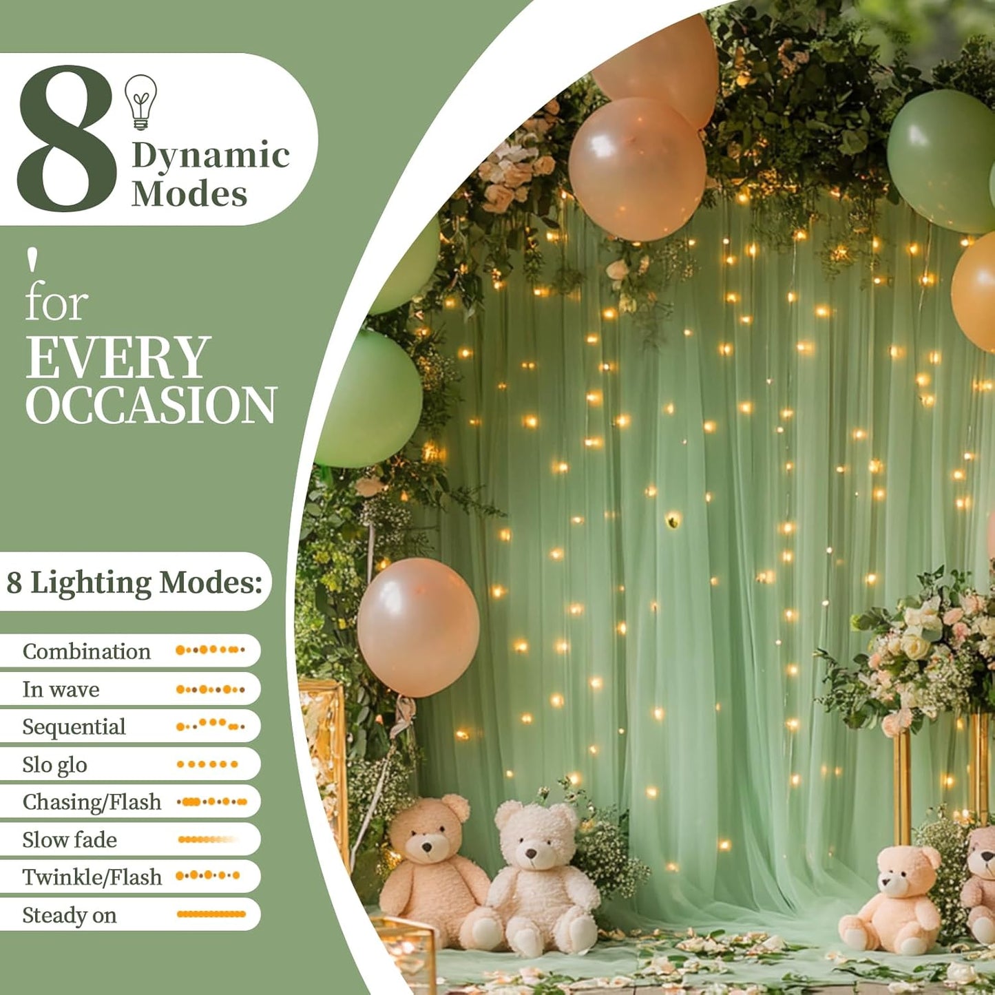 10x10ft Green Tulle Backdrop Curtain with String Lights, Wrinkle-Free Sheer Wedding Backdrop for Birthday Parties, Baby Showers, Bridal Showers, Photo Shoots and Home Decorations, Green
