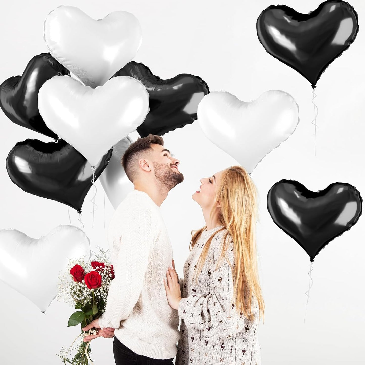 24 Inch Black White Heart Balloons, White Heart Foil Balloons, Black Balloon for Valentines Day Bridal Shower Anniversary Wedding Birthday Party Decorations