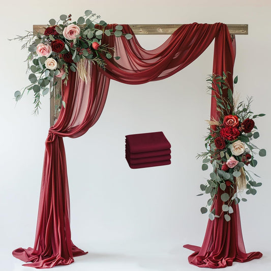 Wedding Arch Draping Fabric 4 Panels 28.7" x 20FT Burgundy Sheer Chiffon Backdrop Drapes for Wedding Ceremony Birthday Party Bridal Shower Outdoor Decoration
