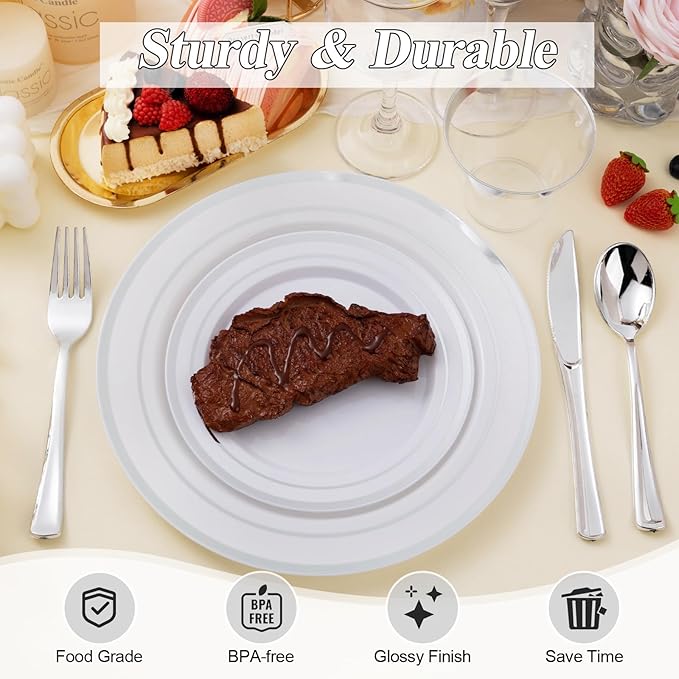 BESTSTAR 200PCS Silver Plastic Plates Set, 100 10.25 inch Dinner Plates and 100 7.5 inch Dessert Plates, Premium Disposable Plates for Party, Wedding
