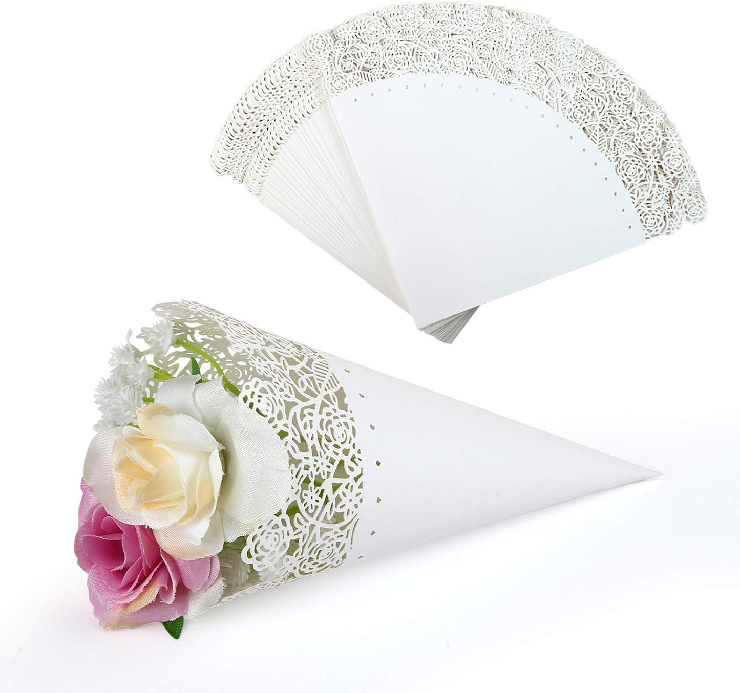 GWHOLE 100 Pcs Flower Confetti Petal Cone for Wedding Party, White