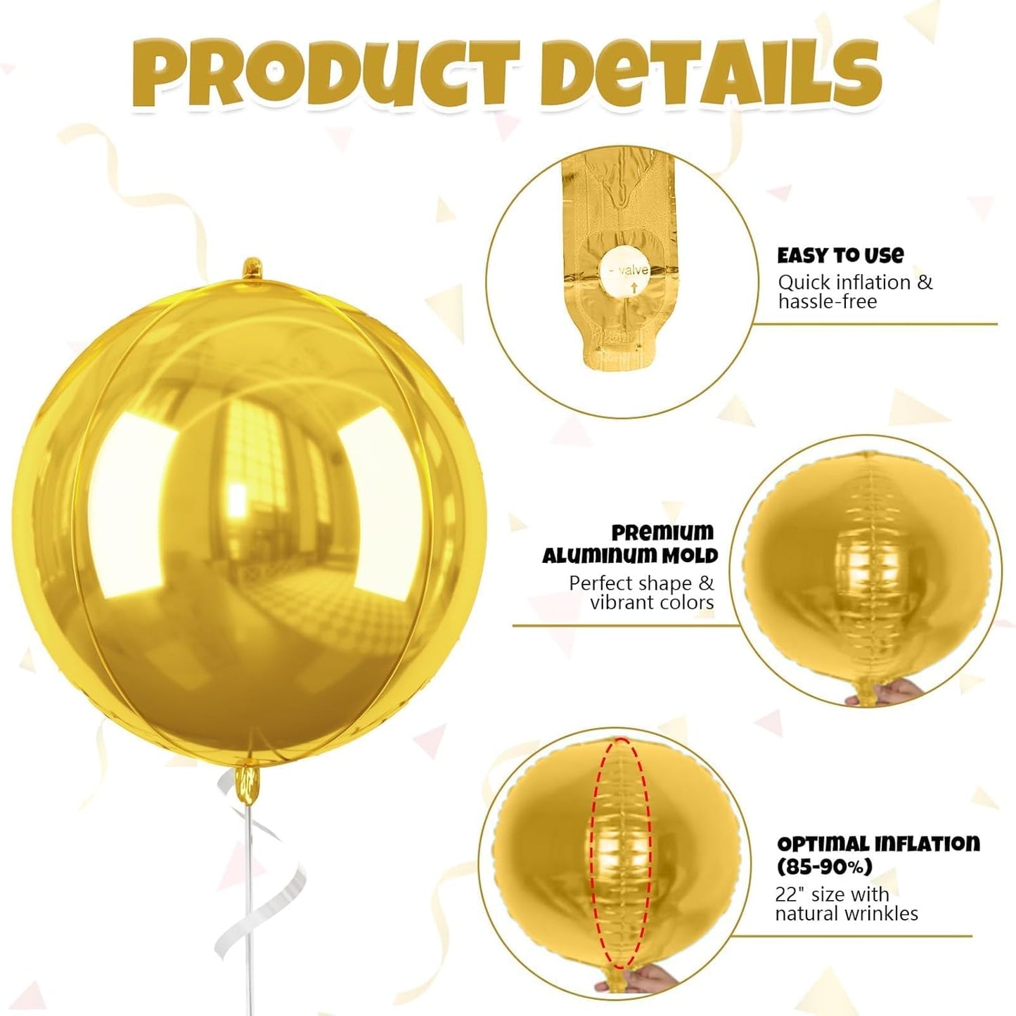 Gold Giant 4D Foil Balloons, Saxuxu 6Pcs Large Metallic Gold Round Balloons, 22 Inch Big Round Foil Balloon for Gold Birthday Party Baby Shower Wedding Decorations