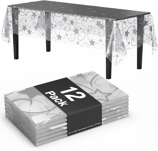 Exquisite Clear Silver Star Tablecloth Plastic 12-Pack Disposable Rectangle Tablecloths 54" x 108" Silver Star Table Cloths Rectangle Table Covers Plastic Tablecloth for Party Decorations