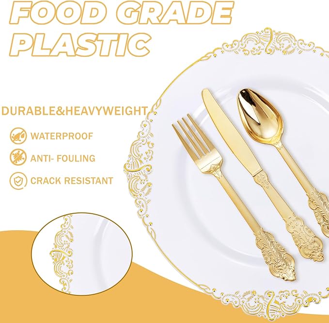 125PCS White and Gold Plastic Plates - Gold Disposable Plates with Plastic Silverware - Vintage Disposable Dinnerware Set for 25 Guests for Parties Holiday