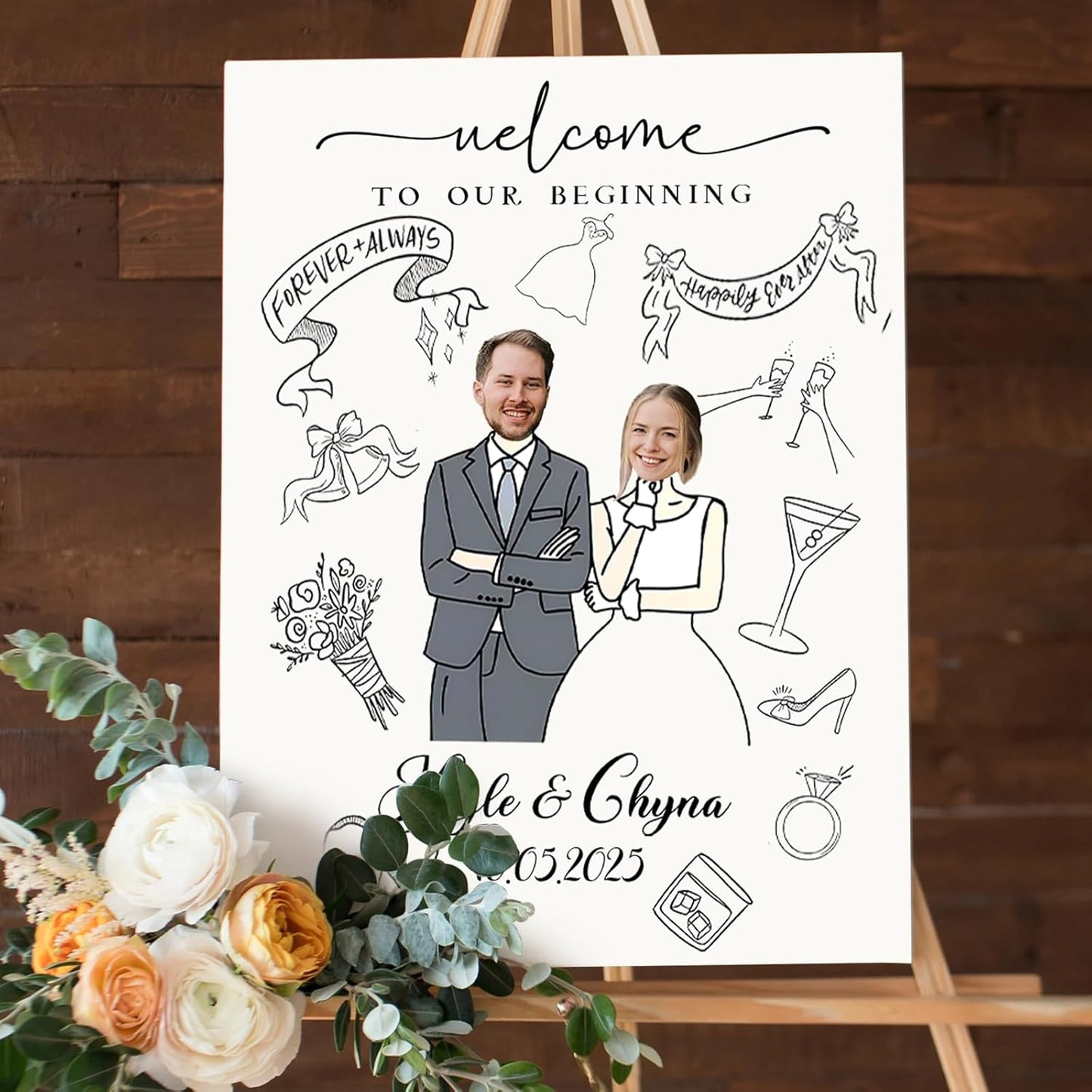 Custom Wedding Plaque for Welcome Sign, Personalized Welcome to our Weddings Poster with Portrait Bride & Groom, Customized Funny Wedding Sign for Bridal Party, Engagement
