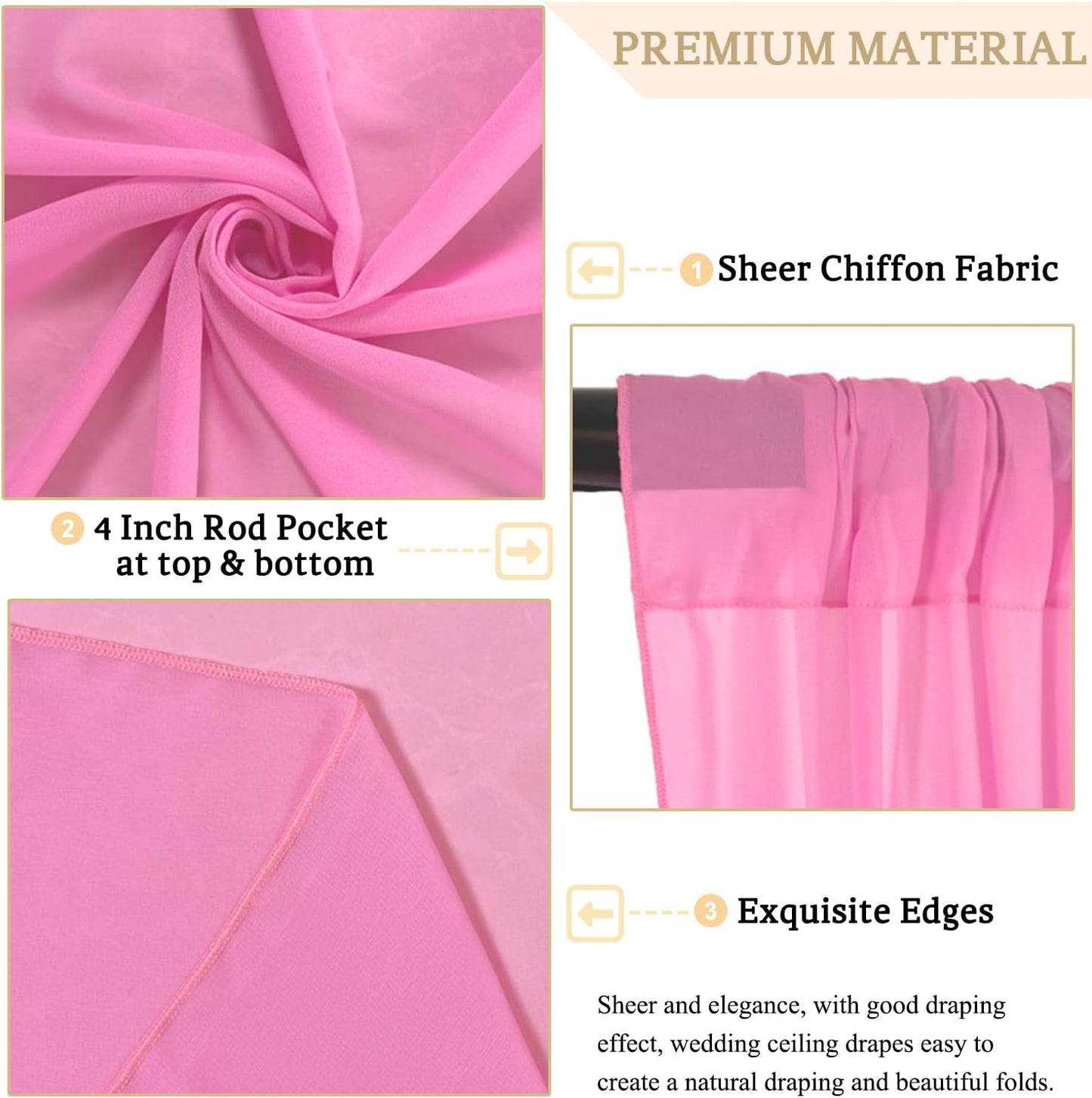 MODFUNS Pink Wedding Drapes 5x30ft 2 Panels Wedding Arch Draping Fabric Chiffon Semi Sheer Drapery Curtain Ceiling Covering Fabric for Party Banquet Decorations