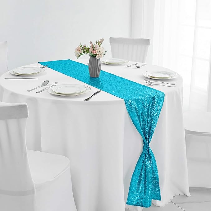 6 Packs 12 x 72 inches Turquoise Sequin Table Runner, Glitter Runner for Birthday Party Supplies Decorations Wedding Bachelorette Holiday Celebration Bridal Shower Baby Shower