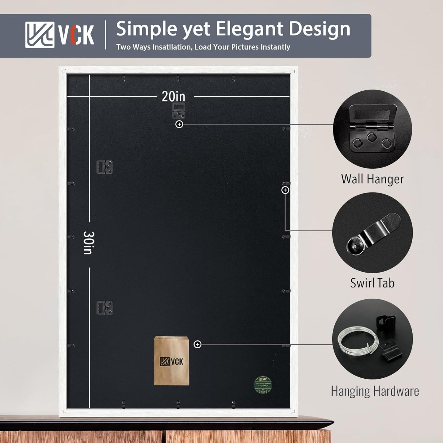 VCK 20x30 Poster Frame White - 5 Pack, Solid Wood Picture Frame | Matted to 16x24 or 20x30 without Mat | Textured Exclusive | Wall Mounting Hanging