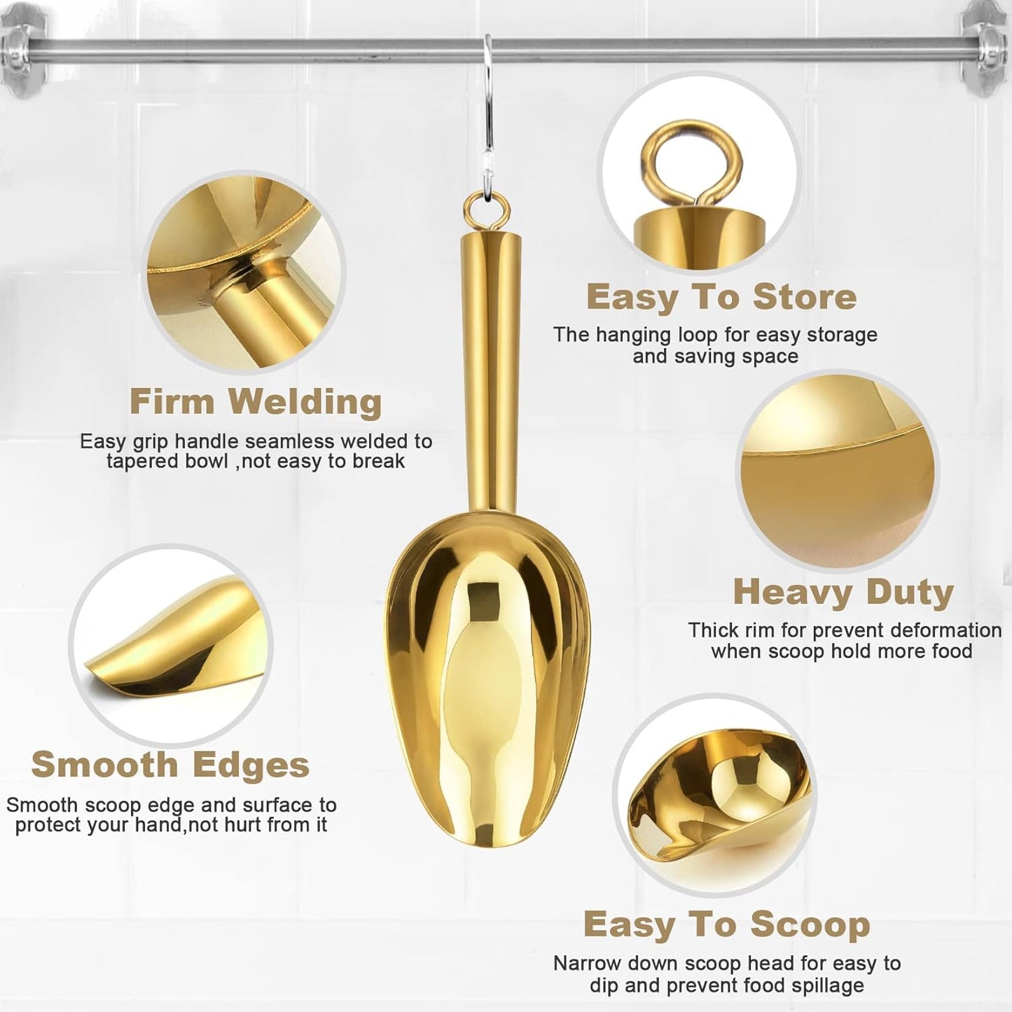 P&P CHEF Canister Scoop Set of 3, Ice Candy Scoop, Stainless Steel Multipurpose Food Scooper for Buffet Jar Freezer, Mirror Finish & Dishwasher Safe, Gold, 3+3+3 Oz