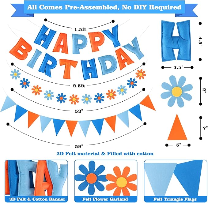Felt Birthday Decorations, NO DIY, Pre-Strung 3D Felt Happy Birthday Banner with Fabric Flower Garland, Colorful Triangle Flags, Birthday Party Decorations for Women Men Boys Girls (BlueOrange)