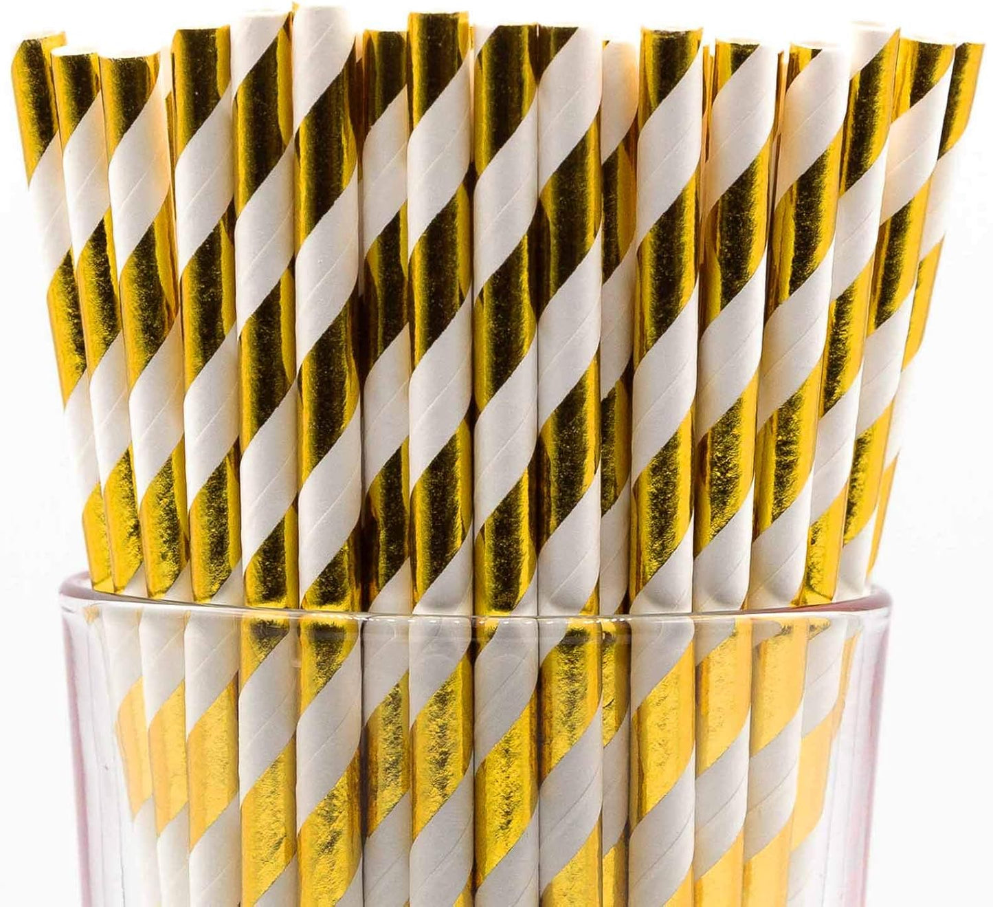 Pack of 300 Gold Foil Swirls Biodegradable 4-Ply Paper Drinking Straws (Compostable, Non-toxic, BPA-free)