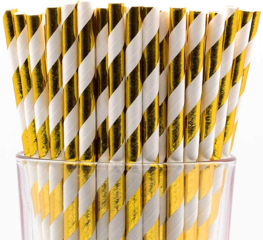 Pack of 150 Gold Foil Swirls Biodegradable 4-Ply Paper Drinking Straws (Compostable, Non-toxic, BPA-free)