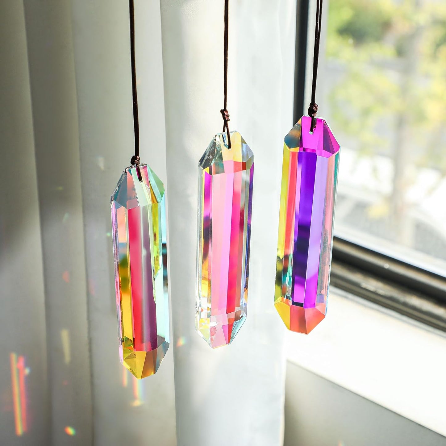 HDCRYSTALGIFTS 3 Pack 5" Large Crystal Sun Catcher Prisms for Windows, AB Colored Suncatcher Crystals Window Indoor Hanging Rainbow Maker Prisms for Home Garden Decor