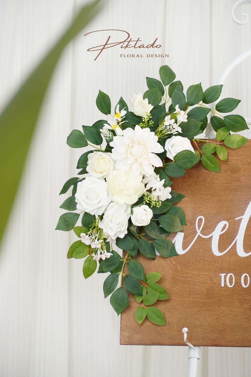 Wedding decor (pack of 2) Welcome Sign Flower Backdrop Garland For Ceremony Reception Wall Easel Home Decoration Entryway Faux Outdoor Board Head Table Decor (White)