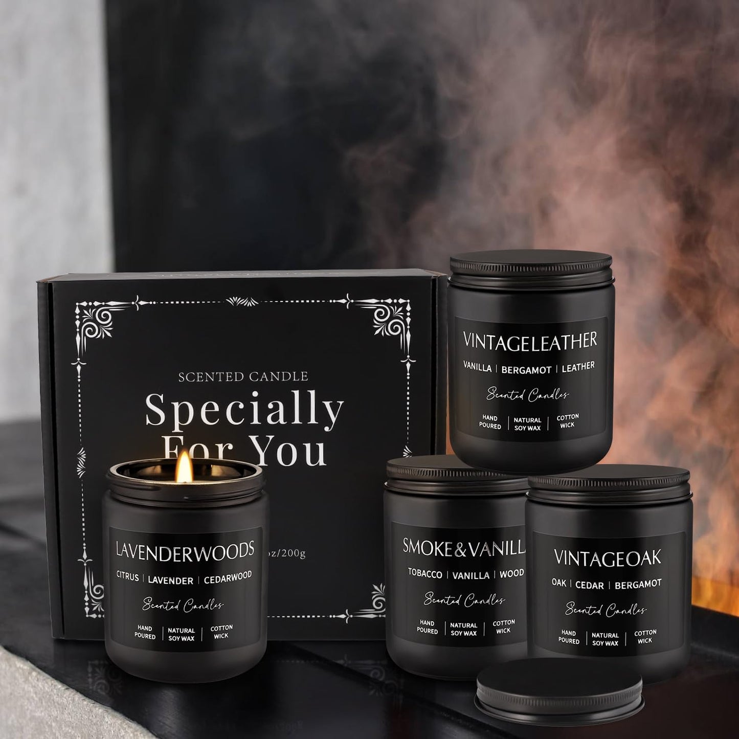 4Psc Scented Candles Set,7oz Gifts for Men Aromatherapy,Soy Candle of Smokeless - Leather & Smoke, Vanilla Oakmoss, Lavender - Relaxing Fragrance for Home, Office, Yoga(Black)