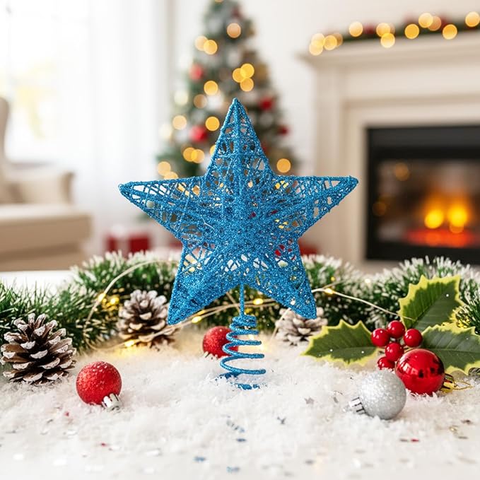 Christmas Star Tree Topper Glittering Hollow Star Topper Decoration for Xmas Tree Ornament Party Supplies(Sky Blue,5.9 Inch)