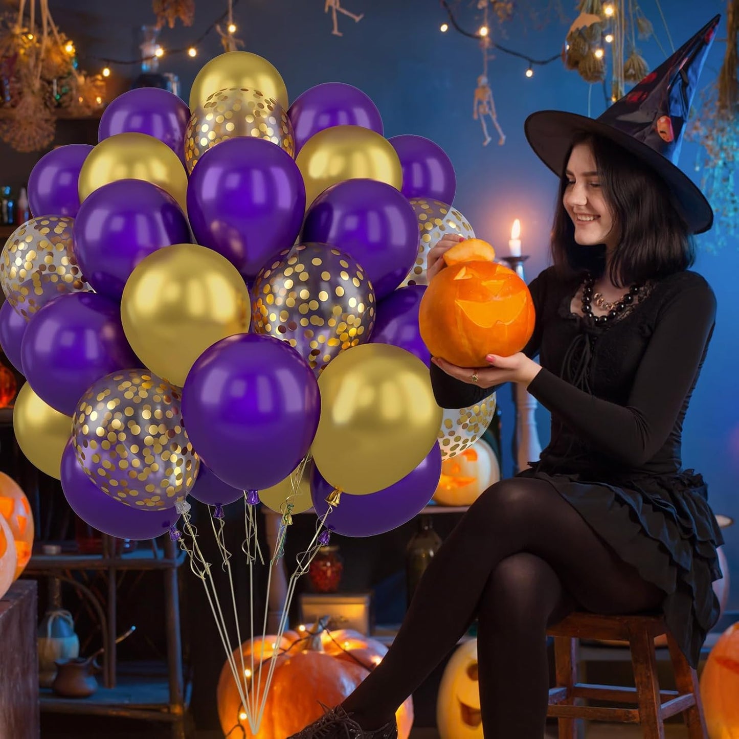 Paready Purple and Gold Balloons, 50 Pcs Dark Purple Party Balloons, 12 Inch Retro Purple Metallic Gold Confetti Balloons Helium for Graduation Wedding Bridal Baby Shower Birthday Party Decorations