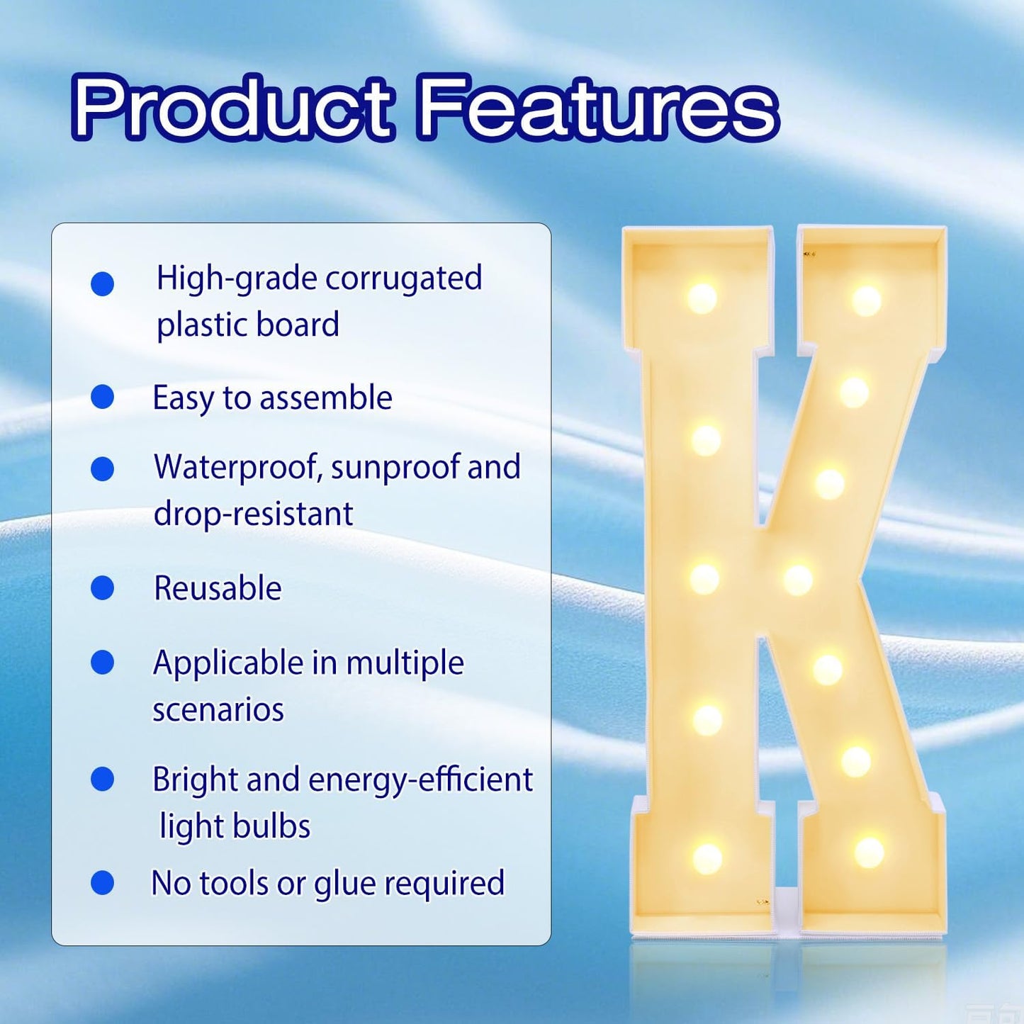 4FT Marquee Plastic Letters K - Light up Letters K Are Made from Corrugated Plastic Board - Quick Assembly Without Tools, Disassembled Components Can Be Used for Garage Sale Signs, Yard Sale Signs