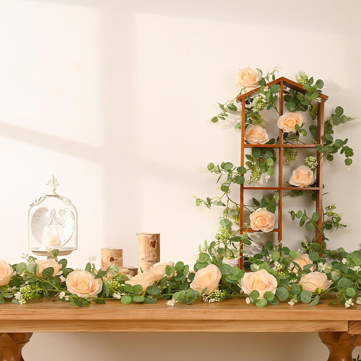 Dolicer 4Pcs 26Ft Artificial Eucalyptus Garlands with Flowers - 8 Roses, Faux Floral Greenery Garlands Fake Flowers Vines for Wedding Table Centerpieces Arch Party Ceremony Backdrop Decor (Champagne)