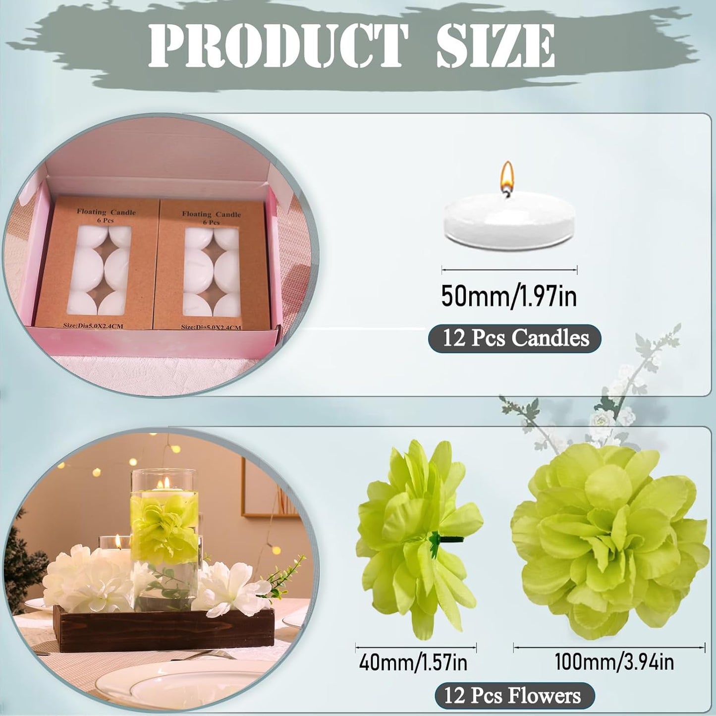 24 Pcs Floating Candles for Centerpieces and Floating Flowers Artificial Flowers Head Vase Filler for Party Home Table Wedding Centerpieces Decoration (Green)