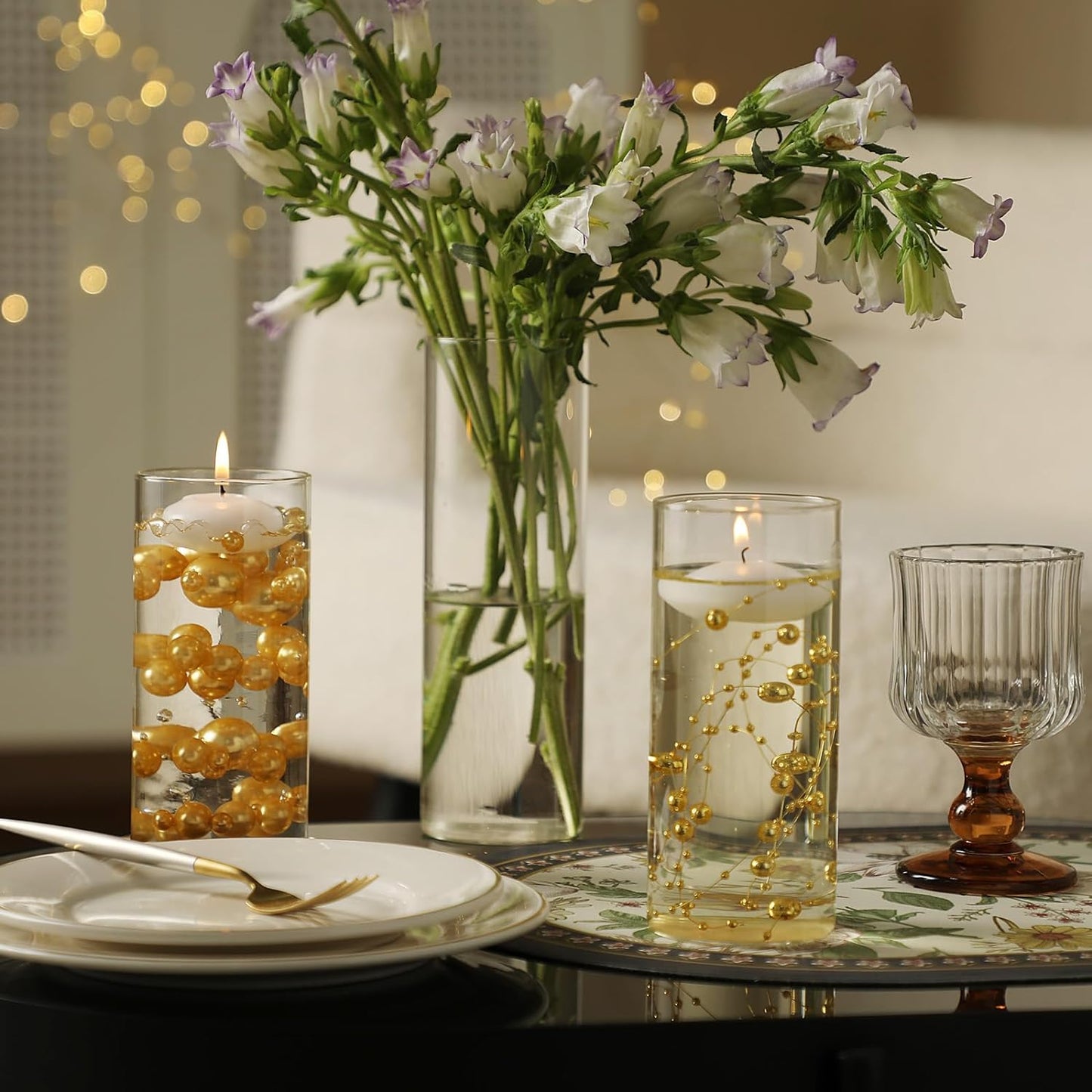 Set of 12 Glass Cylinder Vases for Centerpieces with 8 Pack Vase Filler 12 Pearl String 24 White Floating Candles for Table Centerpieces for Wedding Party Home Decor 5, 6, 8 Inch