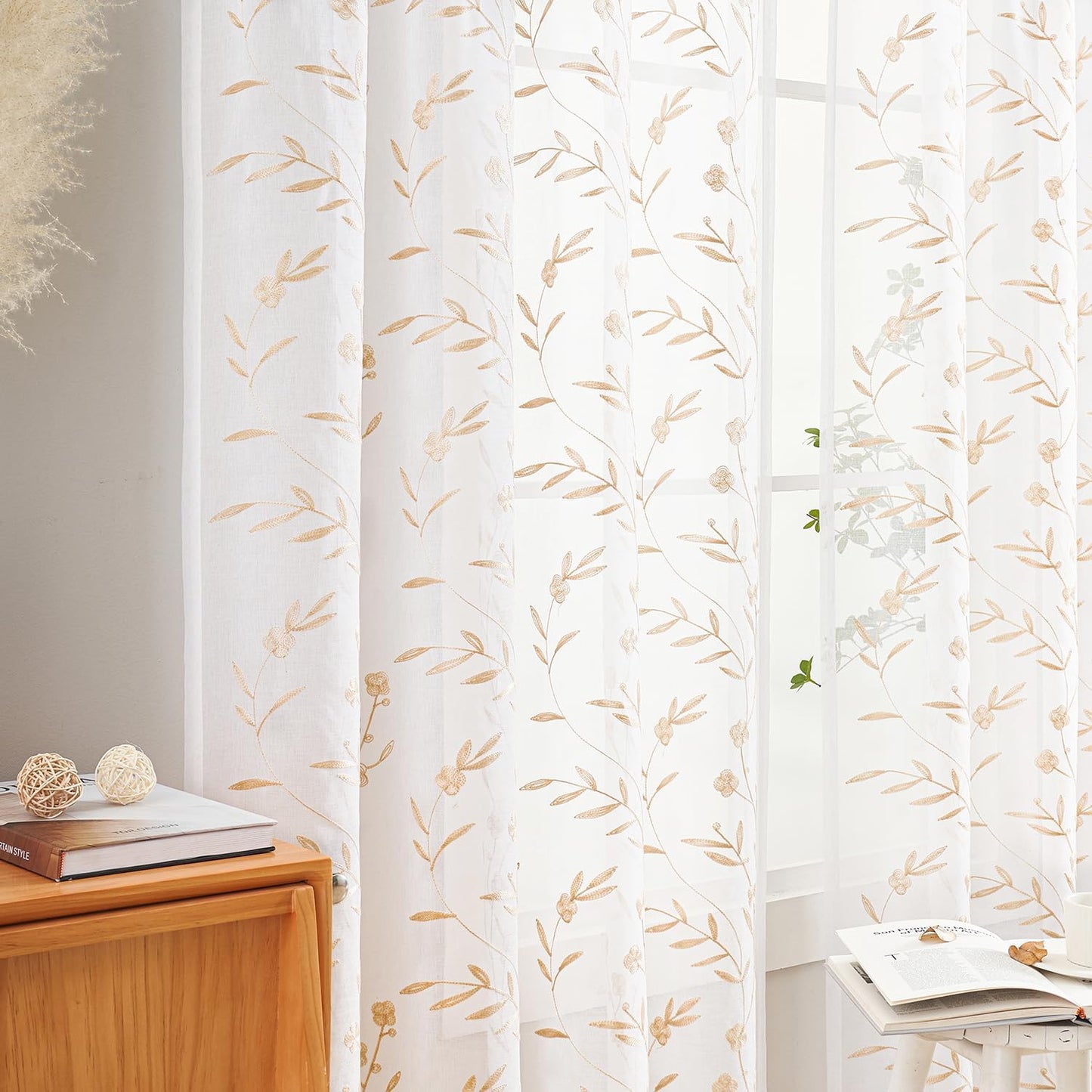Sheer Curtains with Desin White-Beige Floral Embroidery 84 Inch Long Rod Pocket Lace Drapes for Living room, Bedroom, 2 Panels, 52"x84", Semi Voile Outdoor Window Treatment Sets for Yard, Patio.