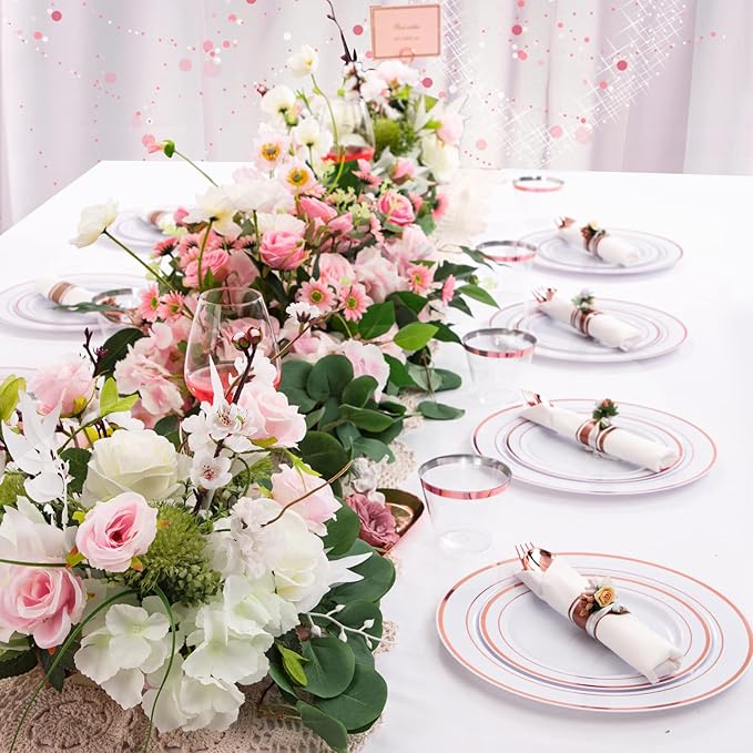 WELLIFE 350Pcs Rose Gold Plastic Plates for 50 Guests - Plastic Dinnerware Set,Party Supplies Includes 100 Rose Gold plates,150 Silverware,50 Napkins,50 Cups for Party and Valentine's Day