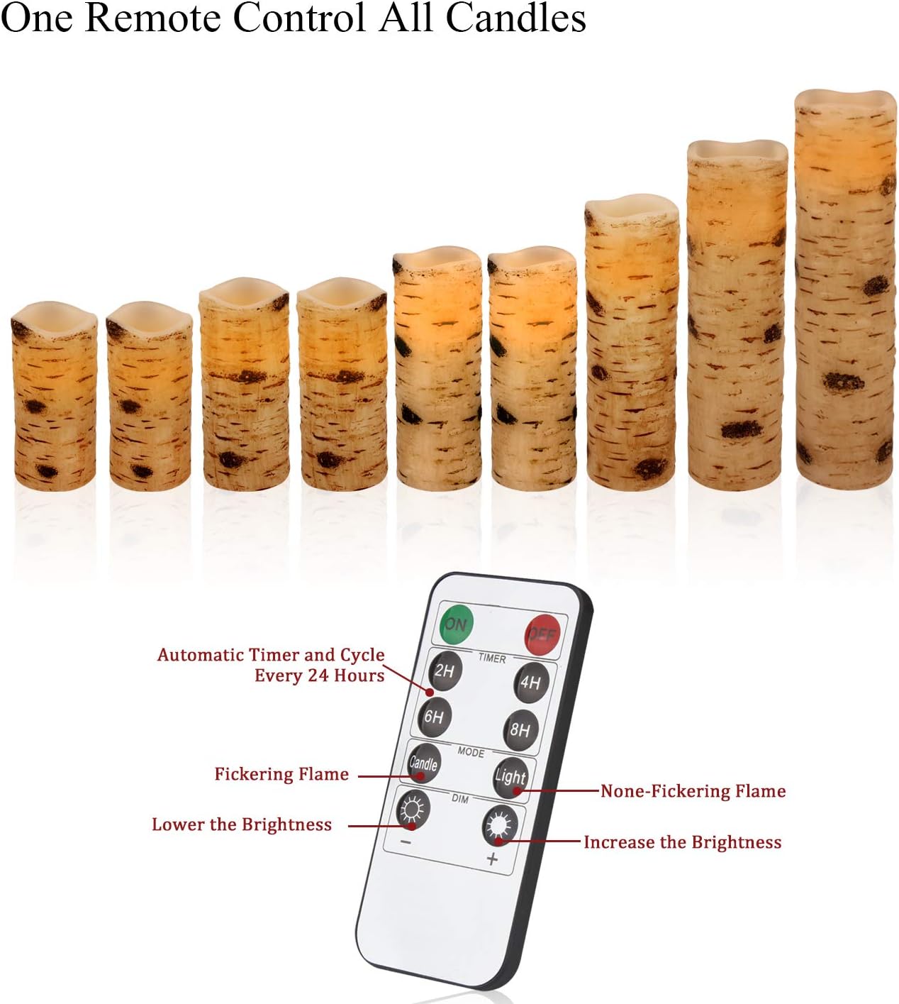 Vinkor Flameless Candles Battery Operated Candles Birch Effect 4" 5" 6" 7" 8" 9" Set of 9 Real Wax Pillar LED Candles with 10-Key Remote Control 2/4/6/8 Hours Timer