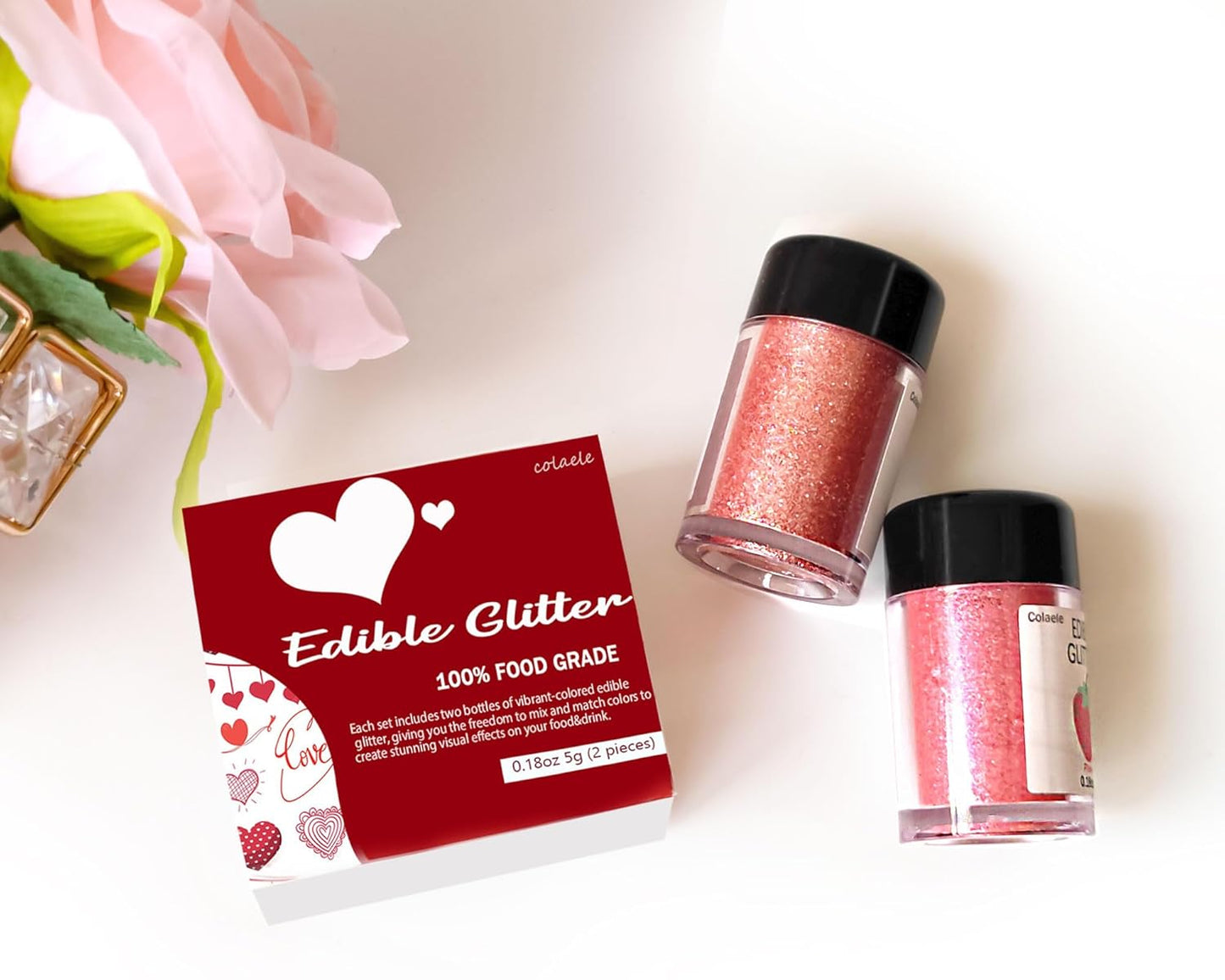 Red Pink Edible Glitter Glimmer Powder for Cakes Drinks - Valentine's Colaele 5 grams Food Grade Luster Dust Metallic Food Decorating Sprinkle Disco Brew Dust for Cake Chocolate Decorations,Vegan