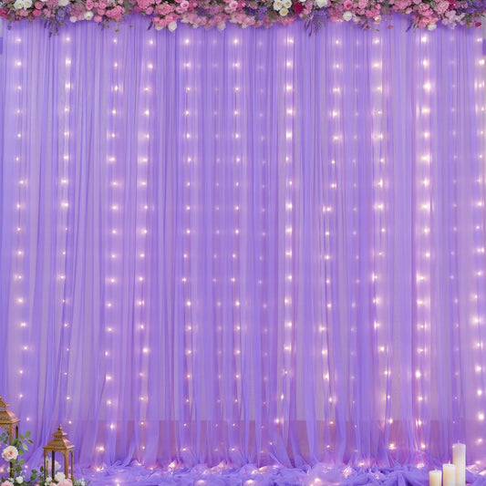 20x10ft Lavender Tulle Backdrop Curtains with Lights for Party Wedding Baby Shower, Sheer Wrinkle Free Backdrop Curtains for Birthday Party Photo Booth Background Decoration