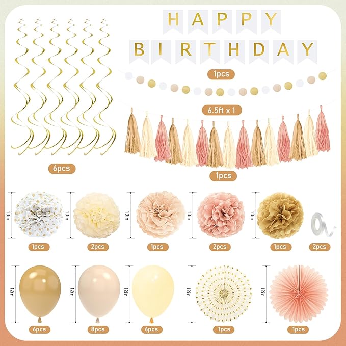 Champagne Gold Fall Boho Birthday Decorations for Women Girls Beige Cream Neutral Party Decorations Happy Birthday Banner, Balloons, Tissue Pom Poms, Paper Fans Streamers Party Decor