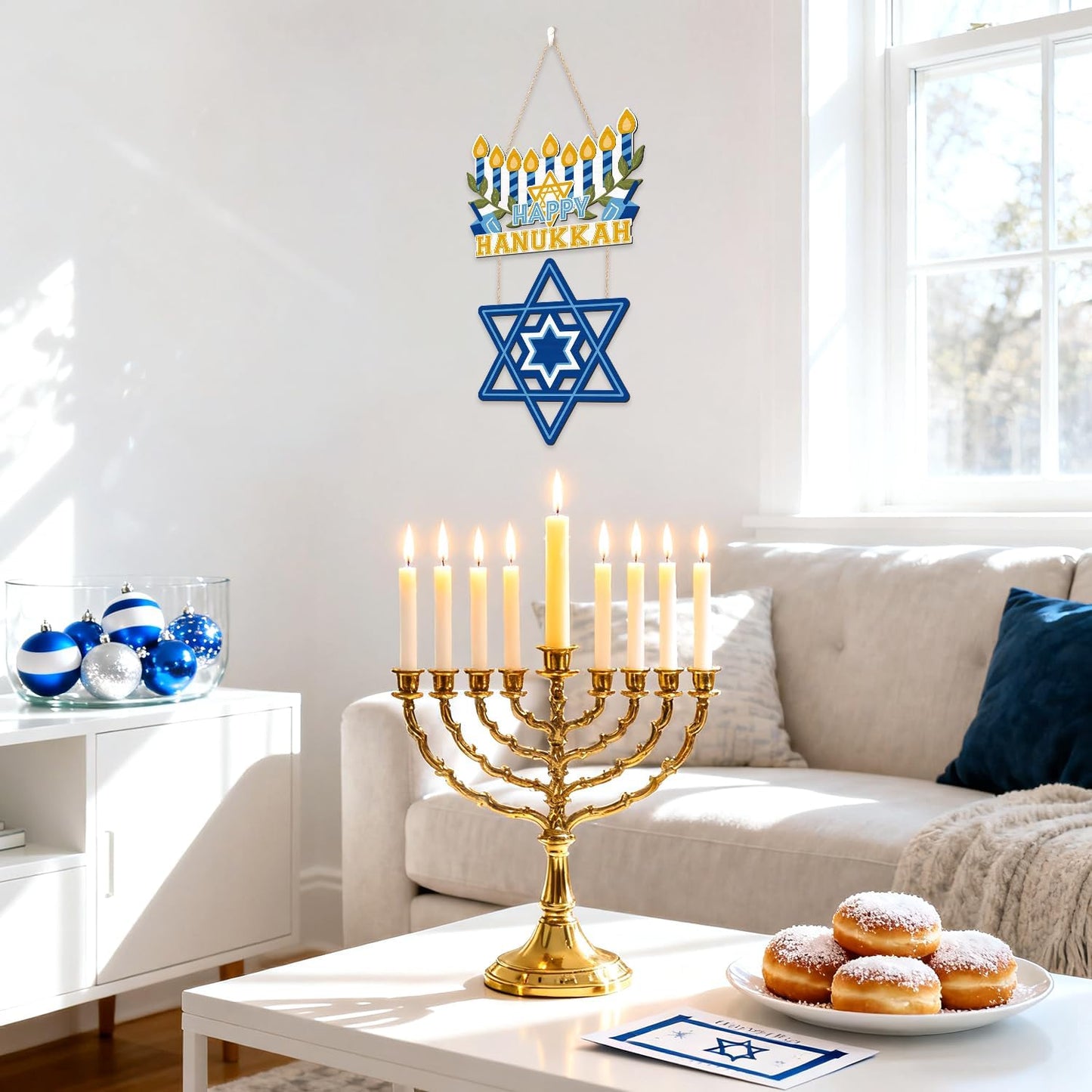 CHDITB Happy Hanukkah Shalom Front Door Sign(12"x20"), Wooden Jewish Festival of Light Blue Menorah Star of David Decoration Wall Hanging, Farmhouse Rustic Chanukah Judaism Christmas Winter Holiday Thanksgiving Gifts Decor for Home Party