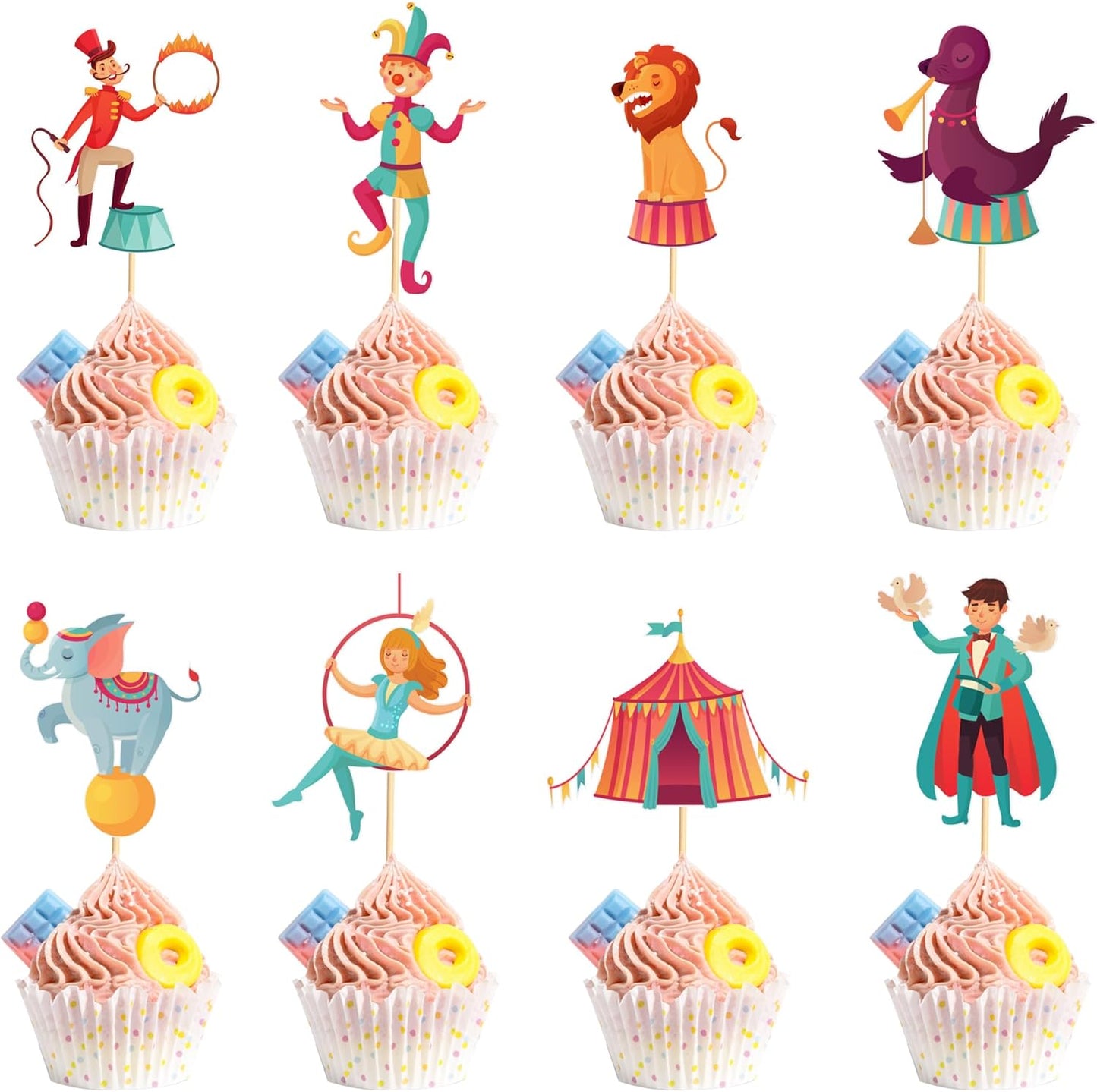 24pcs Circus Cupcake Toppers Carnival & Circus Party Decorations - Perfect for Cupcake, Cake & Baby Shower Birthday Party Supplies