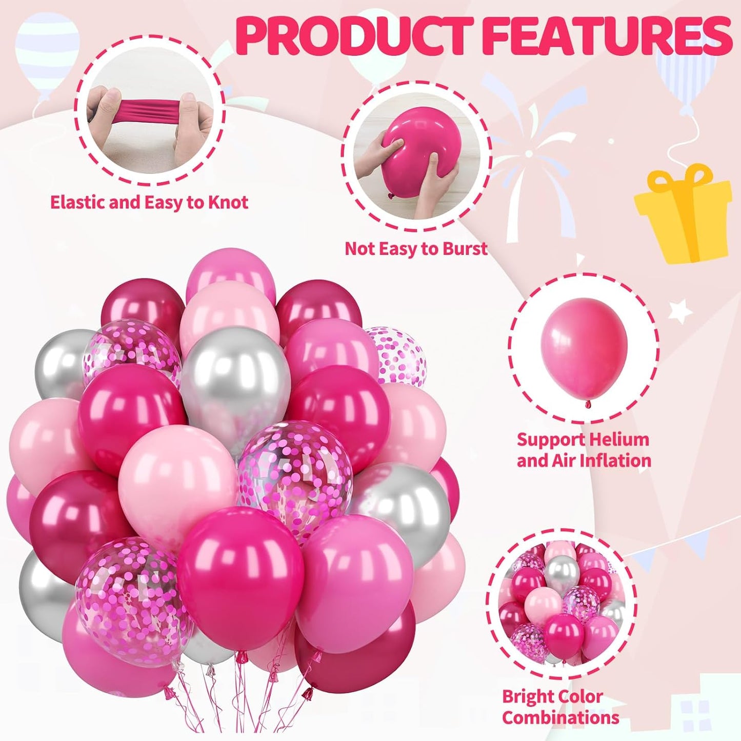Paready Pink Balloons Set, 50PCS Hot Pink Latex Balloons, 12 Inch Confetti Balloon Metallic Silver Party Balloon Helium for Girls Women Baby Shower Princess Wedding Birthday Party Decorations