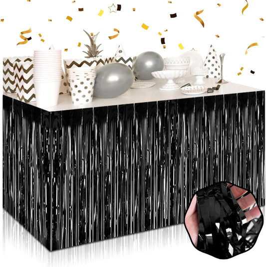 3 Pack 29 x108 Inch Black Foil Fringe Table Skirts Metallic Banner for Tinsel Streamer Garland Backdrop for Parade Floats Wedding Thanksgiving Birthday Christmas Halloween New Year Party Decoration