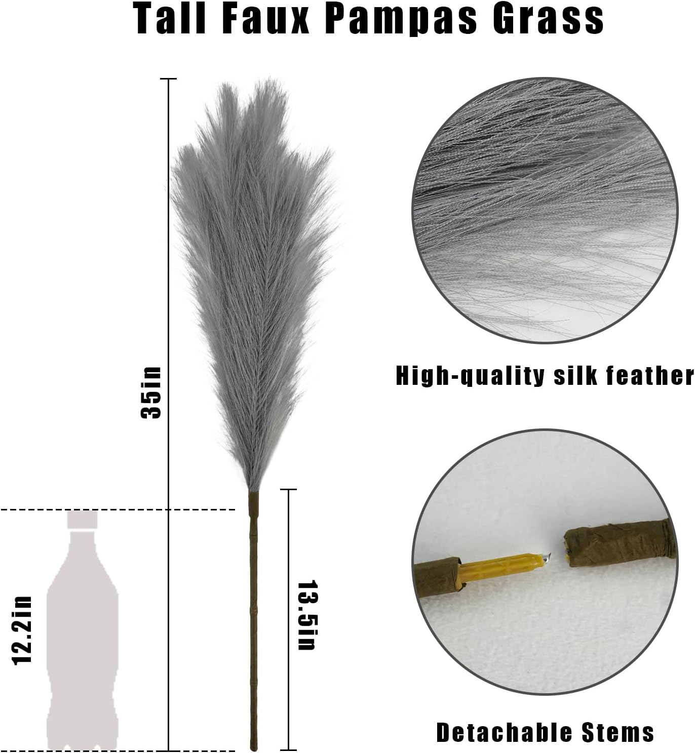 35" Faux Pampas Grass Decor Grey, 8pcs Large Tall Fluffy Artificial Pompous Grass Branches Floral Fake Pompas Grass Bulrush Floor Vase Filler Flower Arrangement for Home Wedding Boho Decor