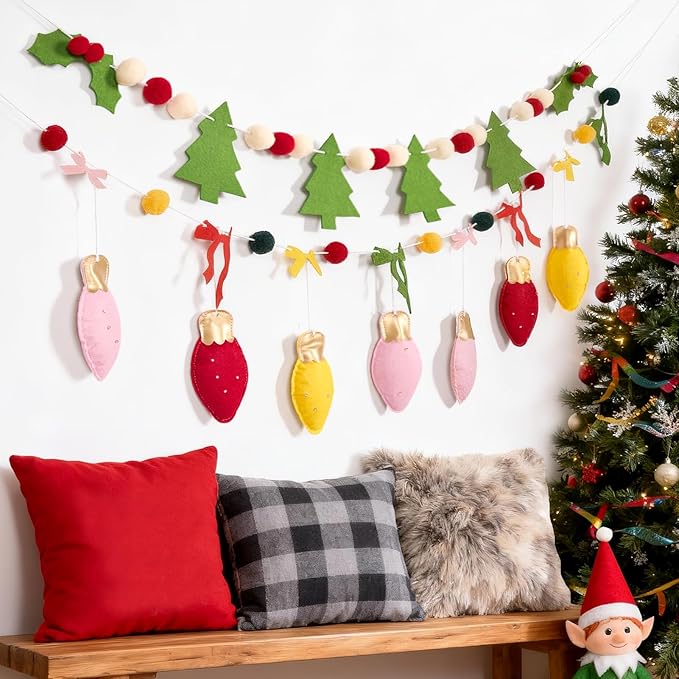SUNBEAUTY Felt Christmas Garland, Pom Pom Garland Hanging Felt Balls Christmas Decorations,Red Green Christmas Ornaments Banner for Xmas Holiday Decorations,Indoor Outdoor Decor Home Party Supplies