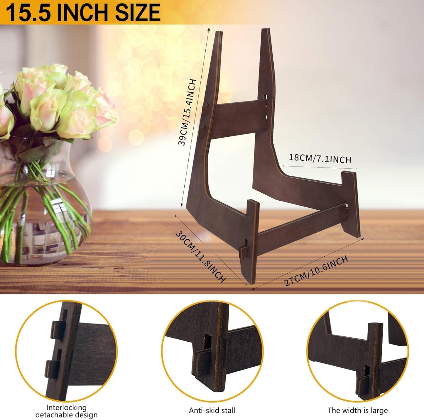 15.5 Inch Large Plate Stands for Display, Wooden Picture Frame Stand, Decorative Easel Holder for Plates, Bowl, Plaque, Pictures, Books (1 Pack )