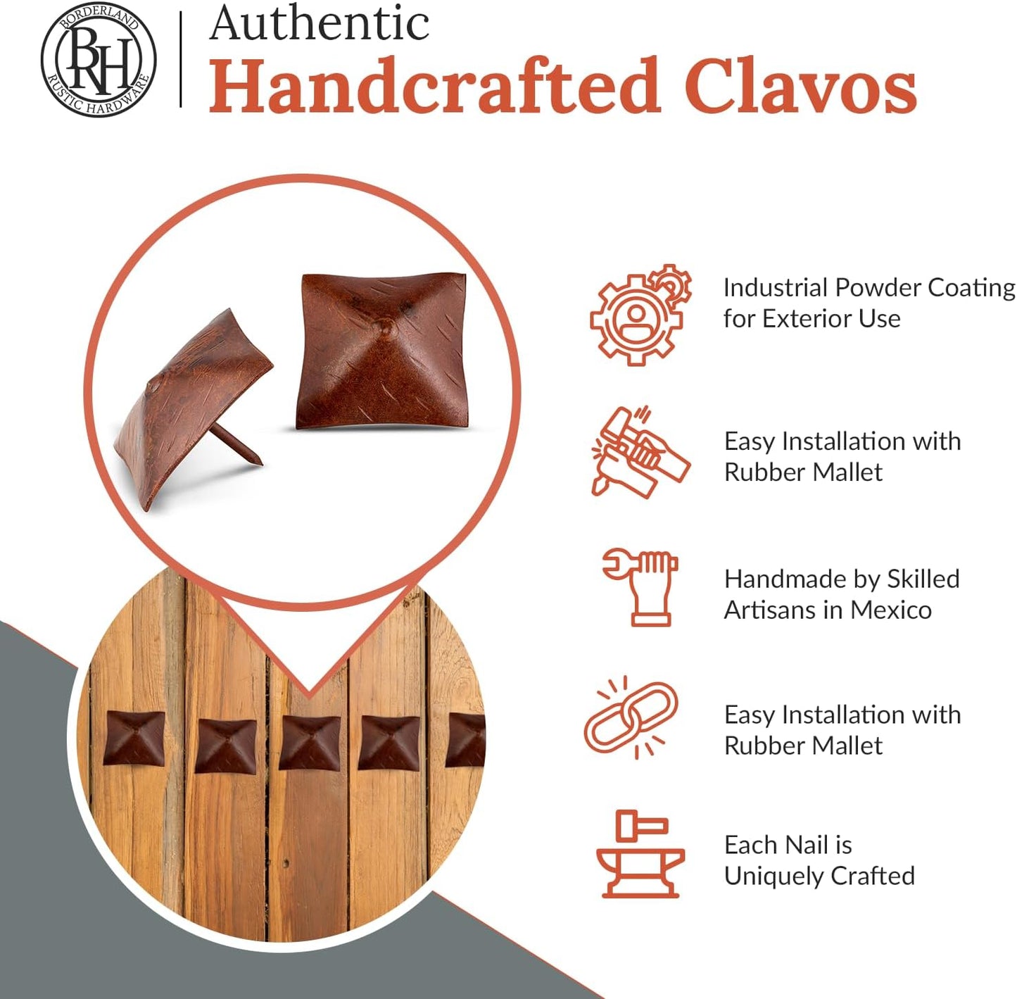 25 Pack 2" Square Head Iron Clavos Decorative Nails – Sealed Rusted – Handmade Rustic Square Fasteners for Farmhouse Shutters, Faux Wood, Barn Doors, Shutters, and Gates – Ornamental Wood Accent