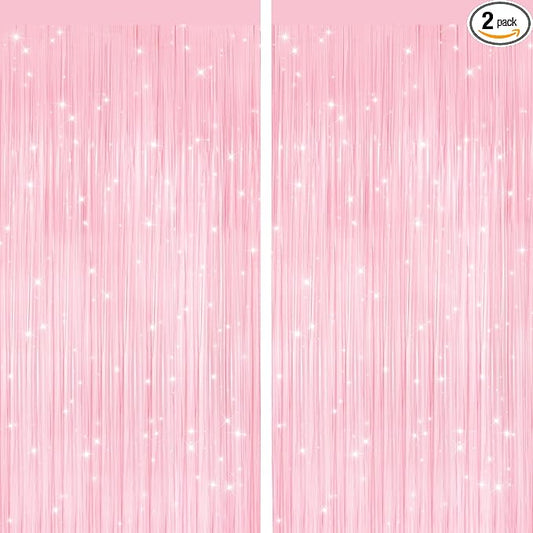 2 Pack Pastel Pink Metallic Tinsel Foil Fringe Curtains, Door Streamers Photo Booth Backdrop for Birthday Party, Tinsel Curtain Backdrop for Baby Shower Bachelorette Christmas Party Decorations
