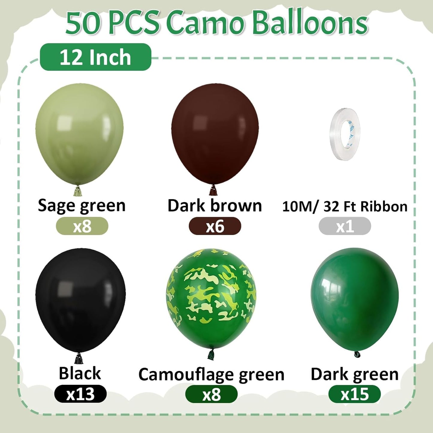 Paready Camo Balloons, 50 Pcs Green and Brown Balloons, Camouflage Army Balloon, 12 Inch Dark Sage Green Black Balloons Latex for Birthday Baby Shower Camping Woodland Hunting Jungle Party Decorations