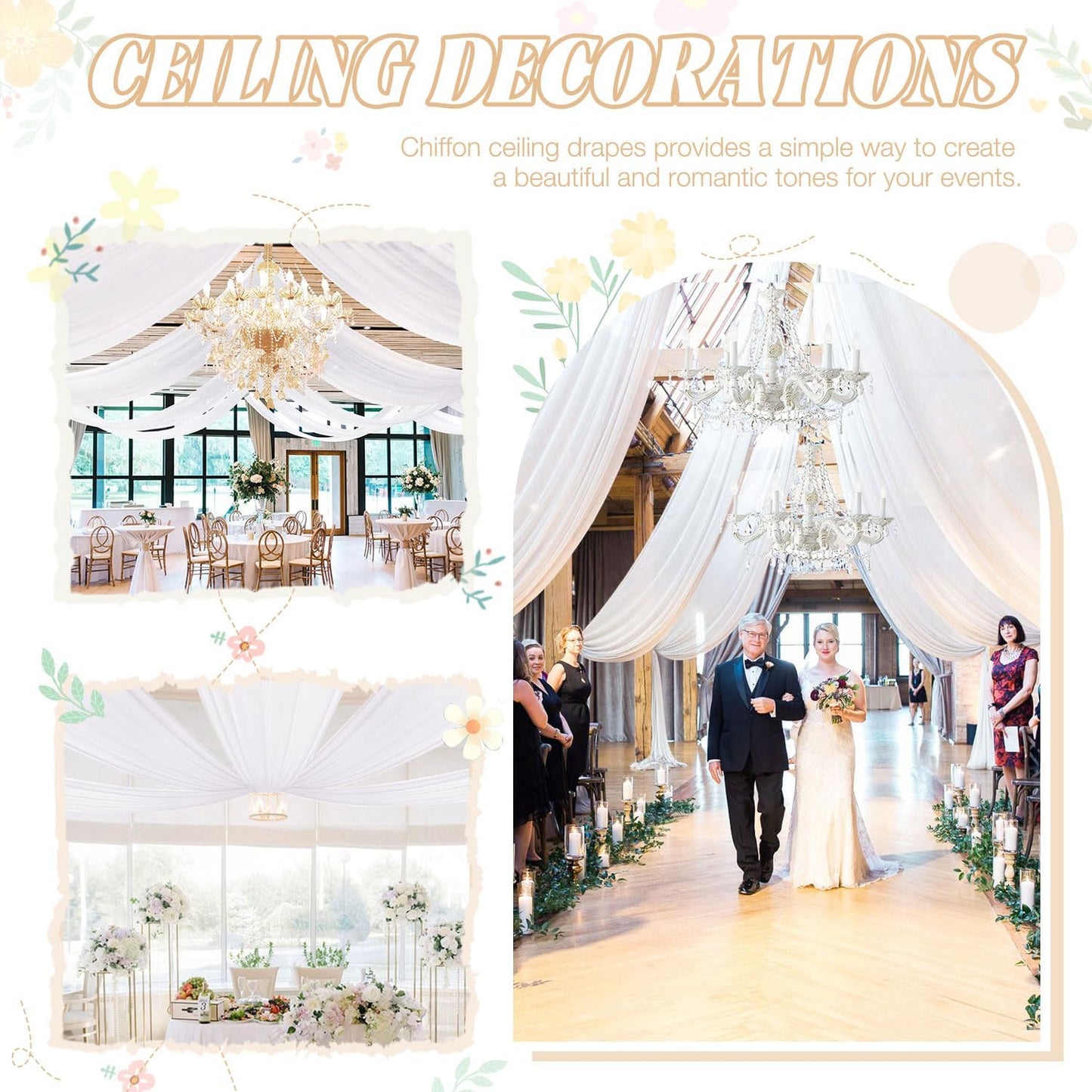FUHSY White Ceiling Drapes for Wedding Arch Draping Fabric 4 Panels 5x20FT Chiffon Wedding Arch Drapes Sheer Bed Canopy Curtains Wedding Backdrops for Reception Ceremony Swag Arbor Archway Tent Drapes