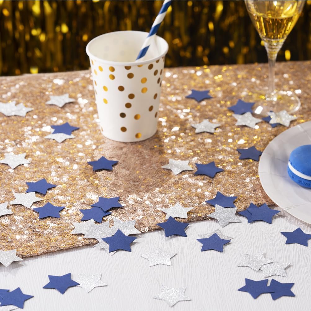 MOWO Blue and Silver Star Confetti Table Decoration for Birthday Graduation Winter Retirement Bachelor Theme Party,1.2 inch in Diameter,200 Counts