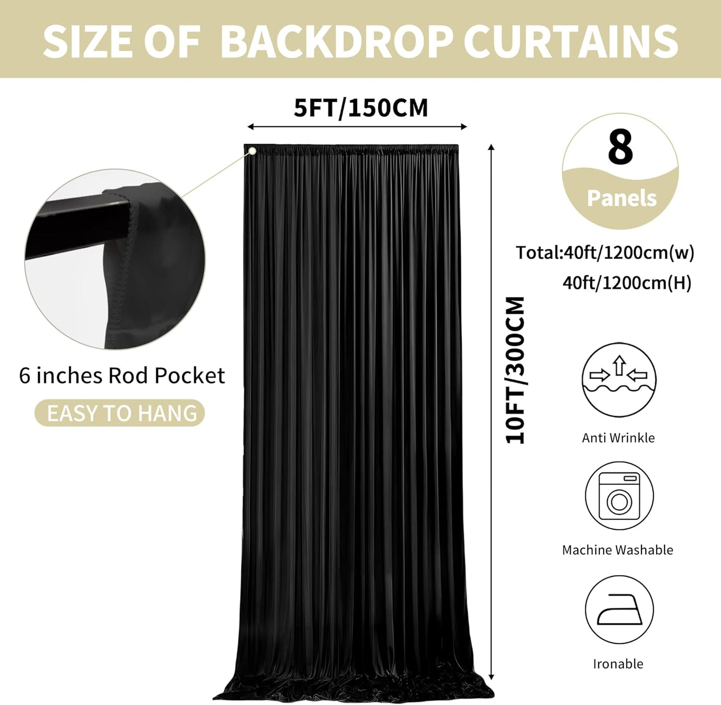 40x10ft Backdrop Curtains for Parties, 8 Panels 5x10ft Curtains Photography Drapes Rod Pocket Curtain Backdrop for Birthday Wedding Baby Shower Home Decor