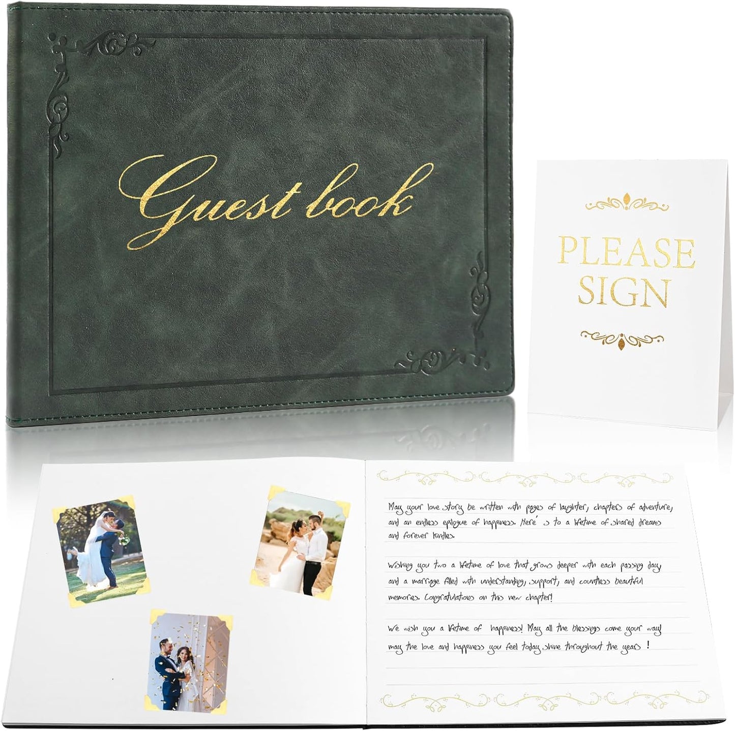 8x10 Leather Guest Book and Standup Sign Set, Gold Foiled Cover Registry Book for Wedding Reception, Retirement Party, Vacation Homes and Events, 120 Pages (Green)