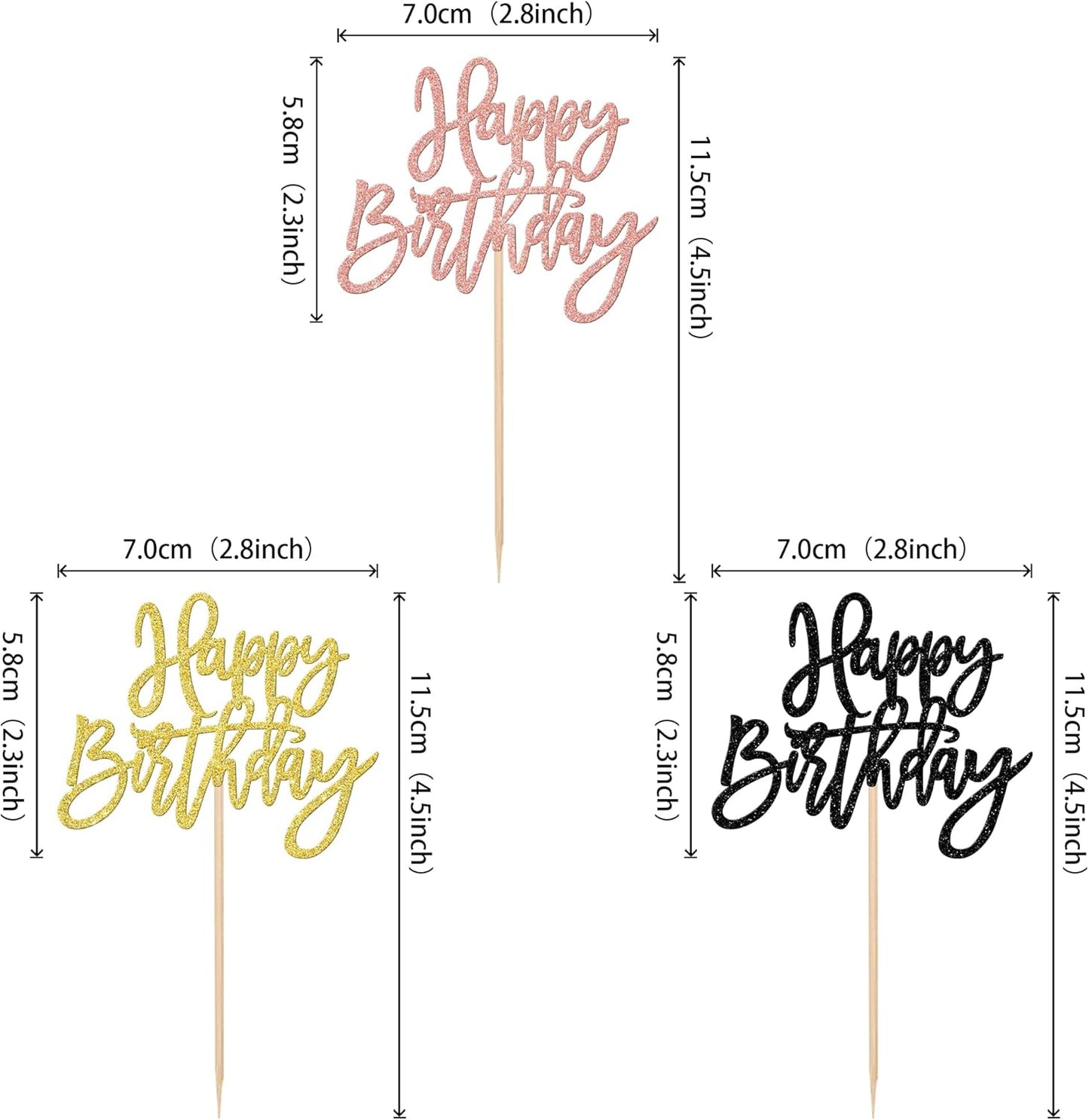 24 PCS Happy Birthday Cupcake Toppers Glitter Happy Birthday Cupcake Picks for Celebrating Anniversary Theme Party Cake Decorations Supplies Gold Black Rose Gold